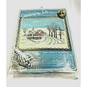 Julie Eisenhower White Church in Country Embroidery Kit Winter Red Barn in Snow